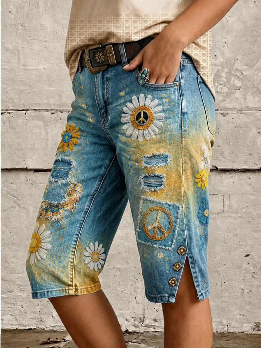 Retro Style Floral Art Print Vintage Casual Denim Shorts
